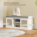 Banco Sapateira Móvel Sapateira Boémio com Assento Acolchoado Portas com Frente em Vime Prateleira Aberta Prateleira Ajustável para 9 Pares de Sapatos para Entrada 105x35x47 cm Branco — foto 4