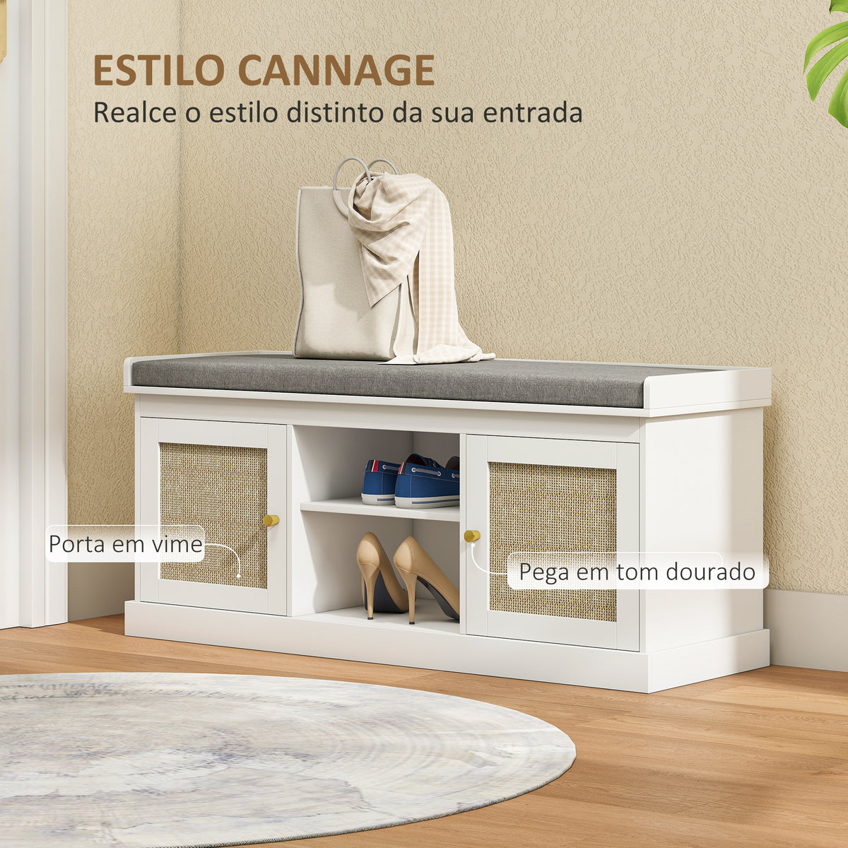 Banco Sapateira Móvel Sapateira Boémio com Assento Acolchoado Portas com Frente em Vime Prateleira Aberta Prateleira Ajustável para 9 Pares de Sapatos para Entrada 105x35x47 cm Branco — foto 4