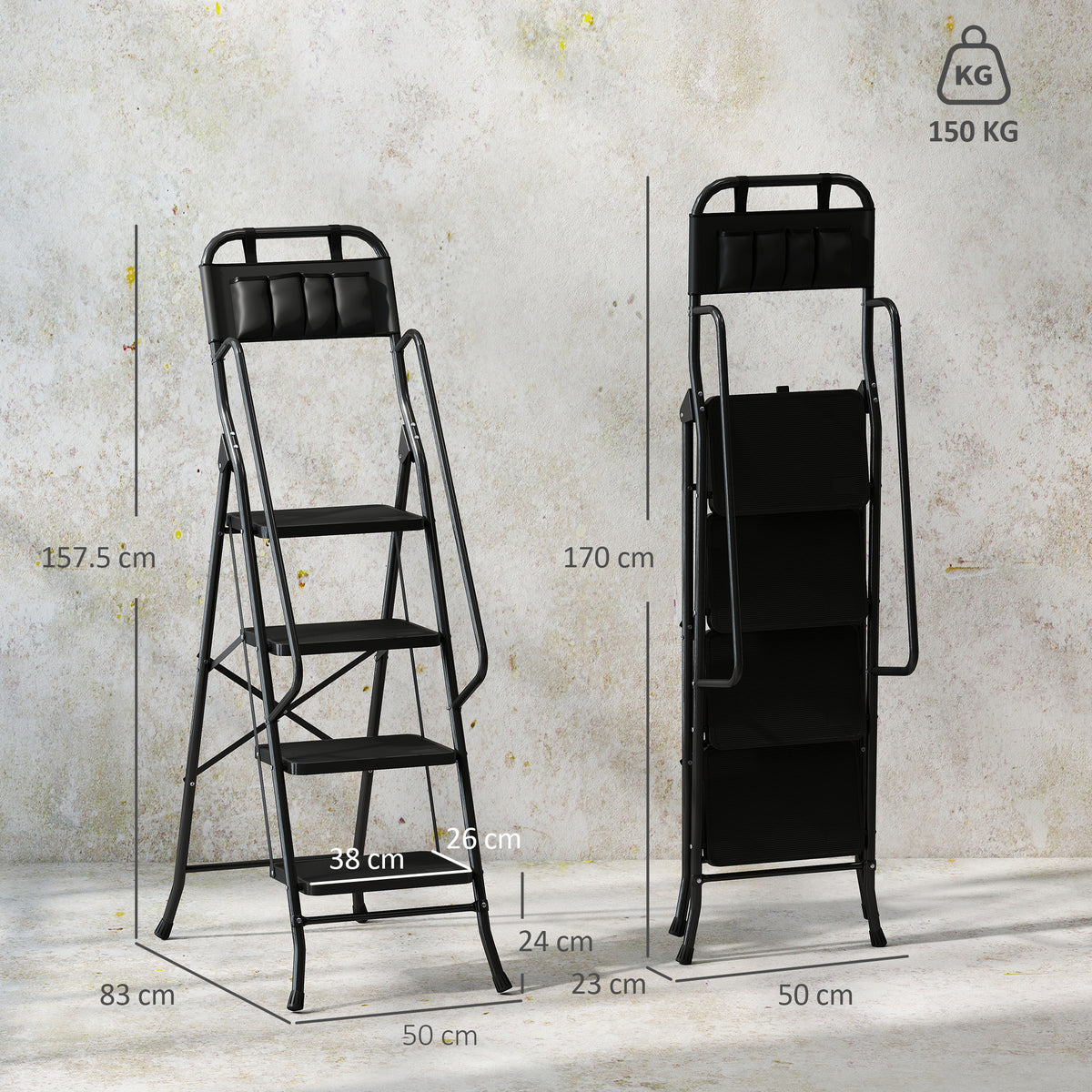Escada Dobrável com 4 Degraus Escada de Metal com Apoio para os Braços e Suporte para Ferramentas Carga Máxima 150 kg 50x83x157,5 cm Preto — foto 3
