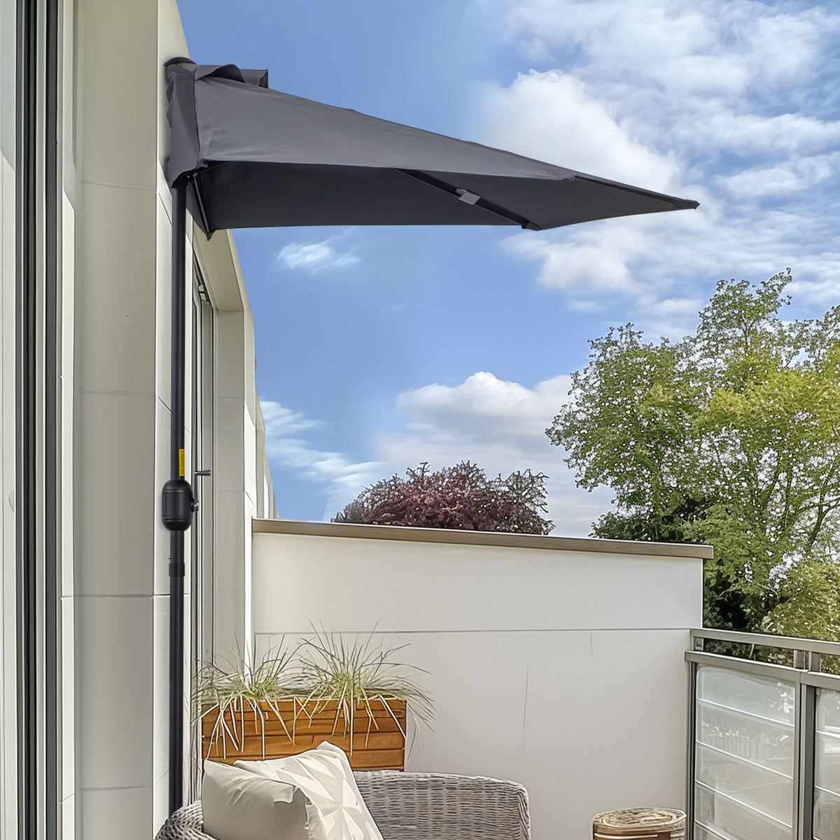 Chapéu de Sol Semicircular 269x138x236cm Chapéu de Sol à Manivela para Jardim Terraço Pátio Piscina Cinza — foto 2