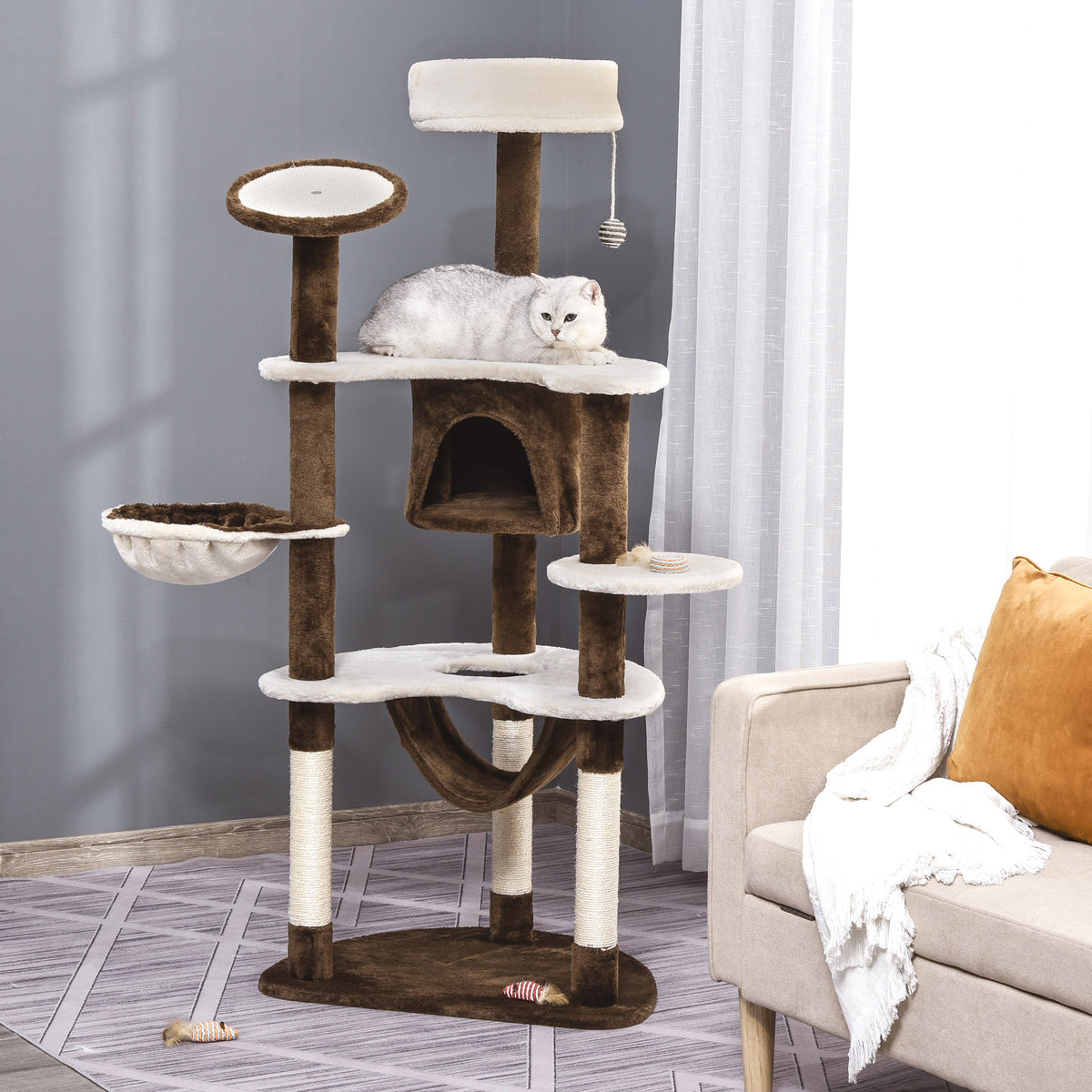 Árvore Arranhador para Gatos Grande Altura 153cm Torre de Escalada para Gatos com Caverna Redes Plataformas Postes Arranhadores de Sisal e Bola Suspensa Marrom e Bege — foto 2