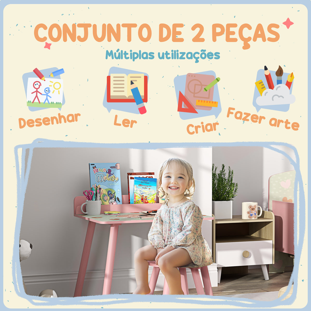 Mesa e Cadeira para Crianças Conjunto de 2 Peás de Mesa Infantil com Cadeira e Prateleira para Livros Secretária para Crianças acima de 3 Anos para Sala de Jogos Dormitório Rosa — foto 4
