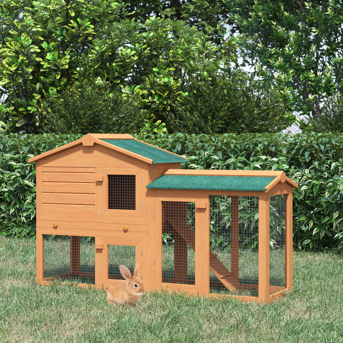 Abrigo de Madeira de 2 Níveis, Jaula Grande para Coelhos com Telhado de Asfalto, Bandeja Removível e Escada, Abrigo para Exterior, para Porquinhos-da-Índia e Hamsters, 150x45x85 cm, Natural — foto 2
