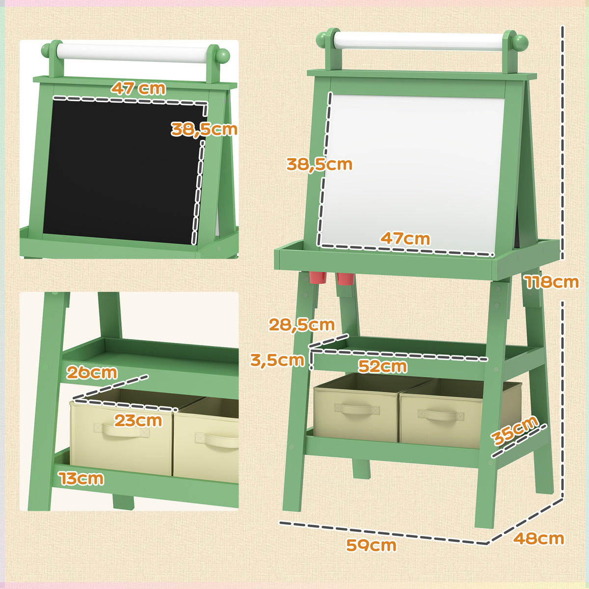 Quadro infantil Cavalete de Pintura Infantil 3 em 1 Quadro Magnético Dupla Face com Rolo de Papel e Cestos de Arrumação Verde — foto 3
