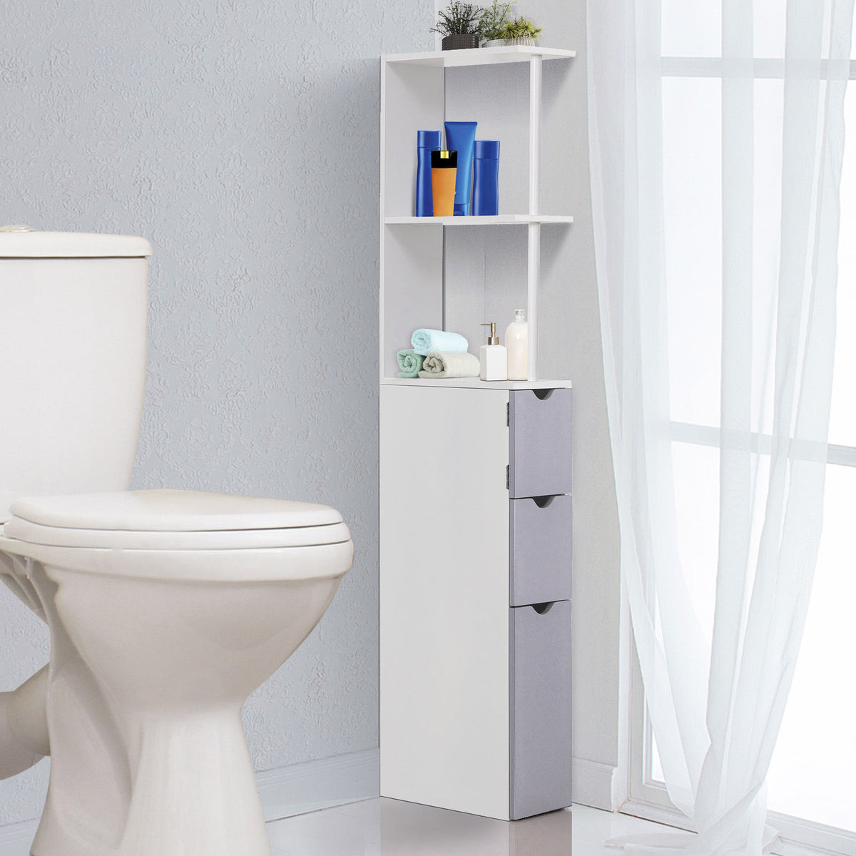 Coluna Auxiliar de Casa de Banho Estreita Armário Alto Moderno com 2 Prateleiras 2 Gavetas e 1 Porta Antiviragem 15x33x136,8 cm Branco — foto 2