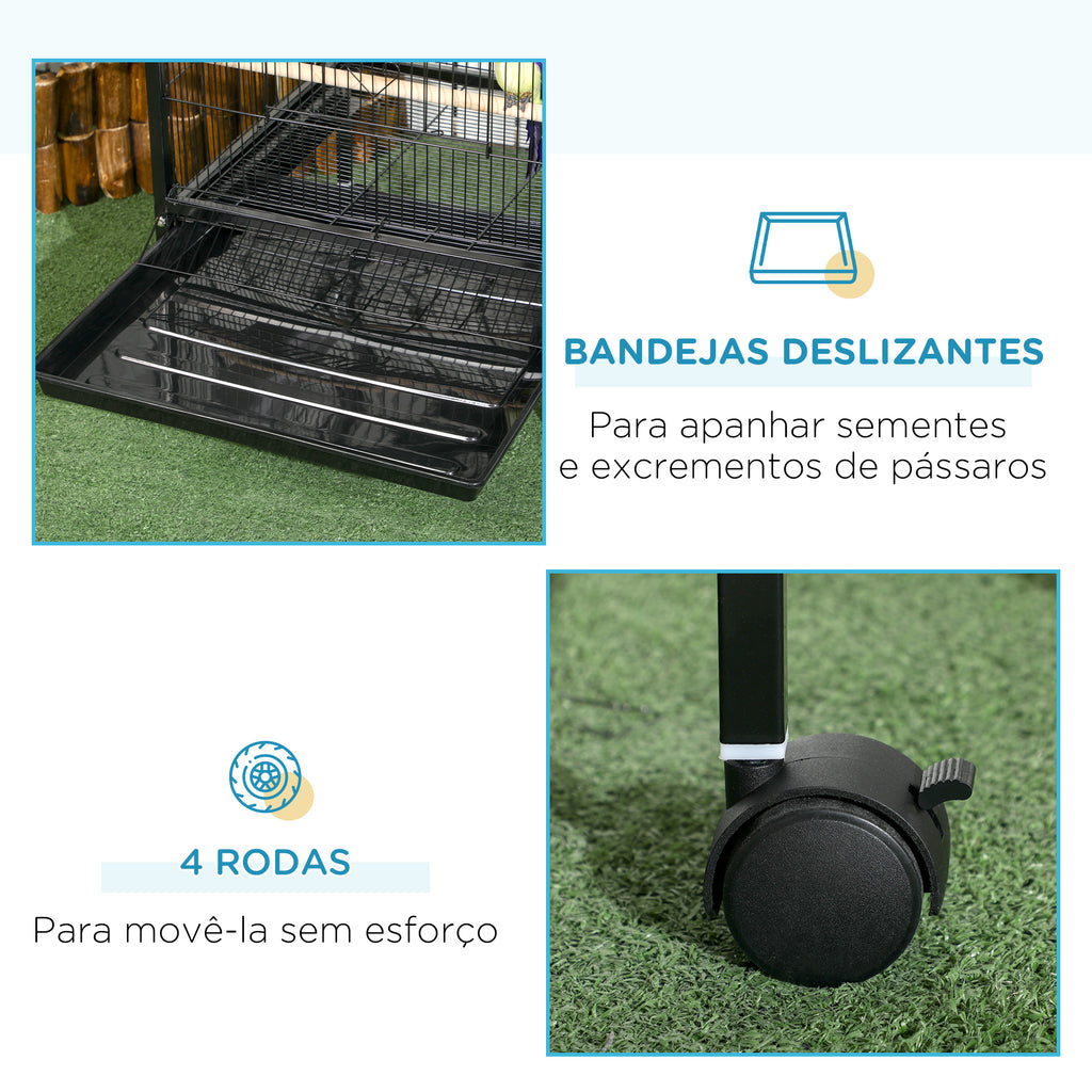 Gaiola para Pássaros com Rodas Gaiola Grande de 2 Níveis com Bandejas Removíveis Portas Comedouros Poleiros para Canários Periquitos 51,5x50x140 cm Preto — foto 6