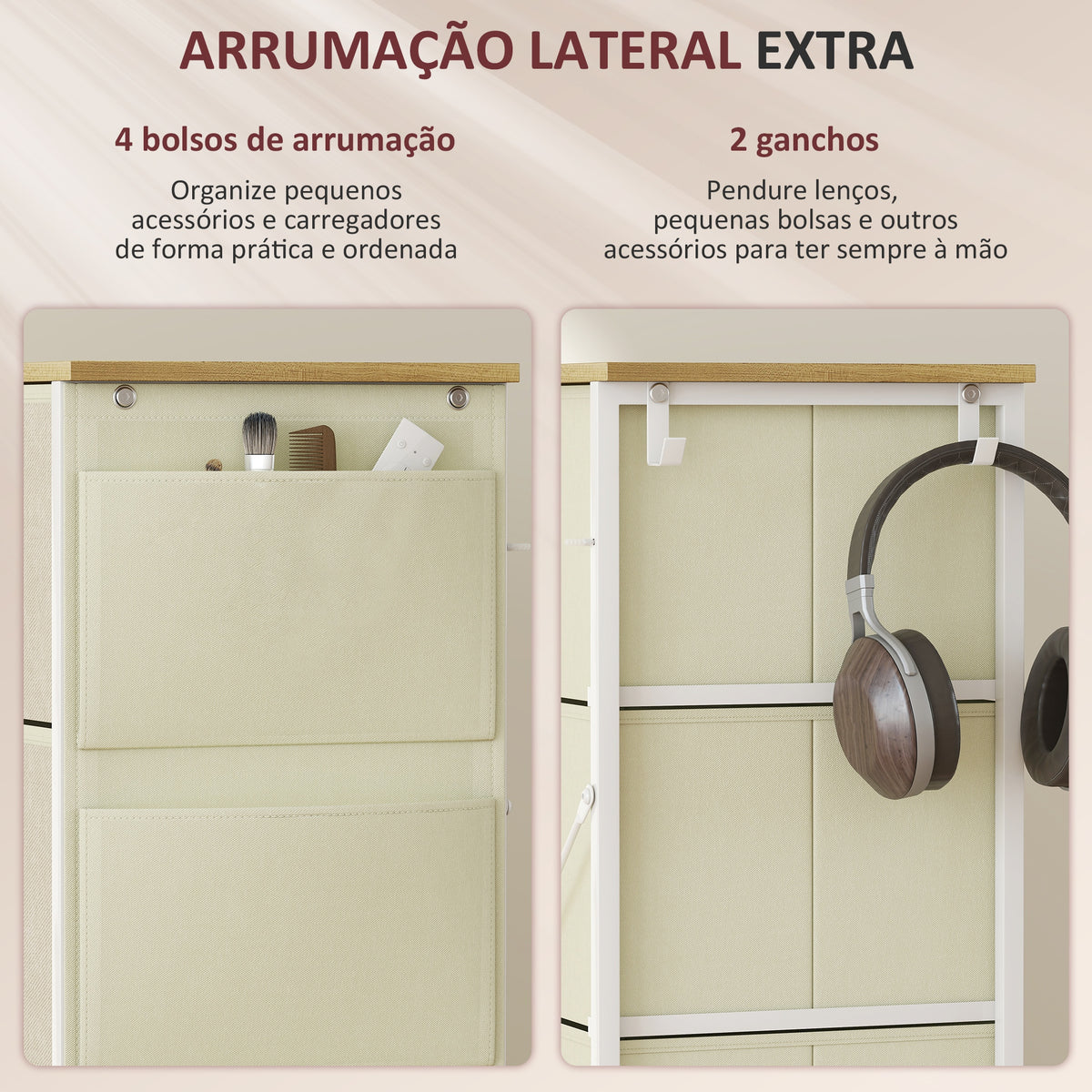 Cómoda Alta de Tecido com 8 Gavetas 4 Bolsos Laterais 2 Ganchos e Estrutura de Aço Cómoda para Quarto Sala de Estar Corredor 86x30x94,5 cm Bege — foto 5
