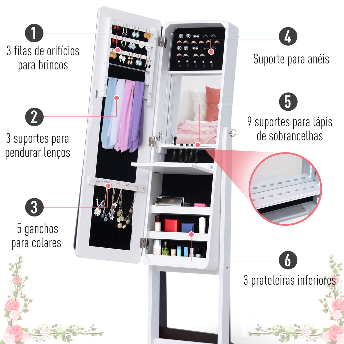 Guarda-Joias de Pé, com Espelho, Armário para Joias Luzes LED de luz Reclinável Guarda-Joias Anéis Brincos Colares Madeira 30x36x146cm Branco — foto 4