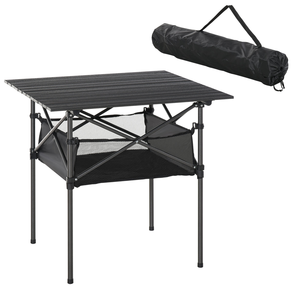 Mesa dobrável de camping Mesa de piquenique com malha de armazenamento e bolsa de transporte 70x70x69 cm Preto — foto 1