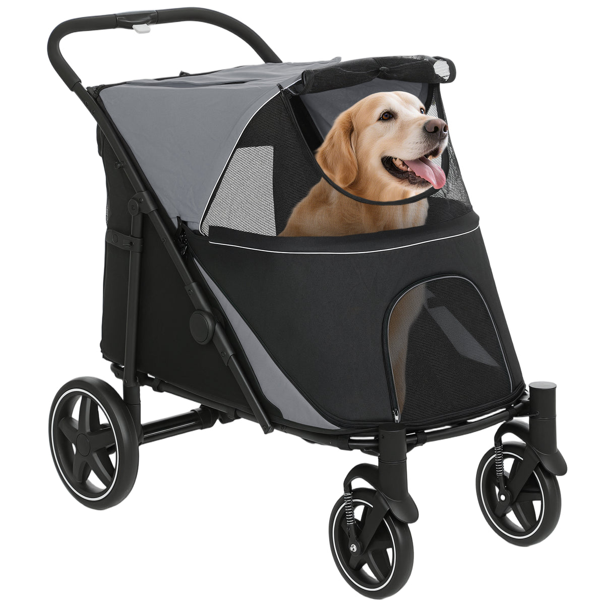 Carrinho para Cães Dobrável Carrinho para Animais de Estimação com Janelas de Malha Cinto de Segurança e Bolsos de Armazenamento Carga Máxima 40 kg 112x65x100 cm Cinzento — foto 1