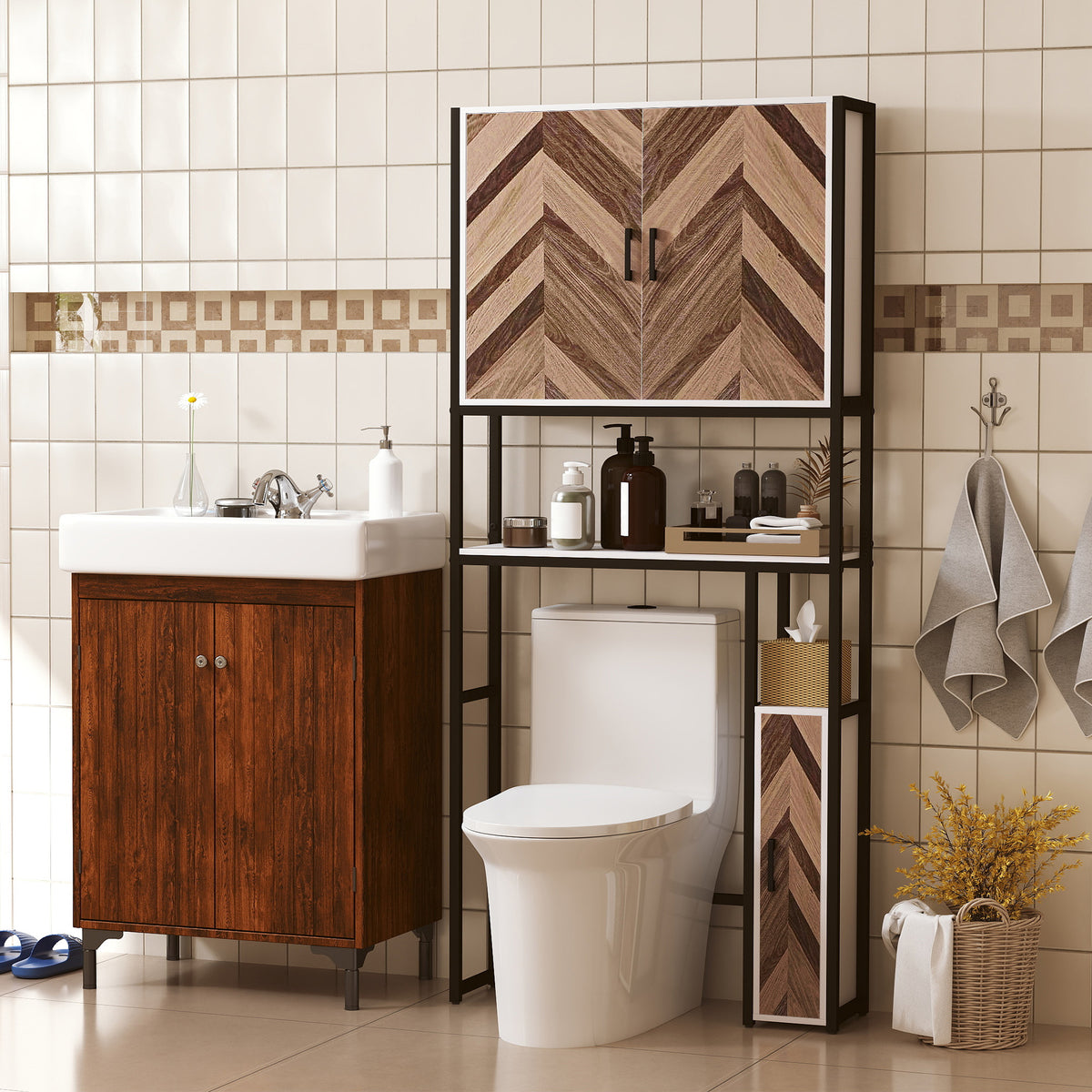 Móvel sobre Sanita Armário para Casa de Banho sobre Sanita com 3 Portas 2 Prateleiras Ajustáveis e Compartimento Aberto Móvel Casa de Banho 79,5x23x178 cm Multicor — foto 2