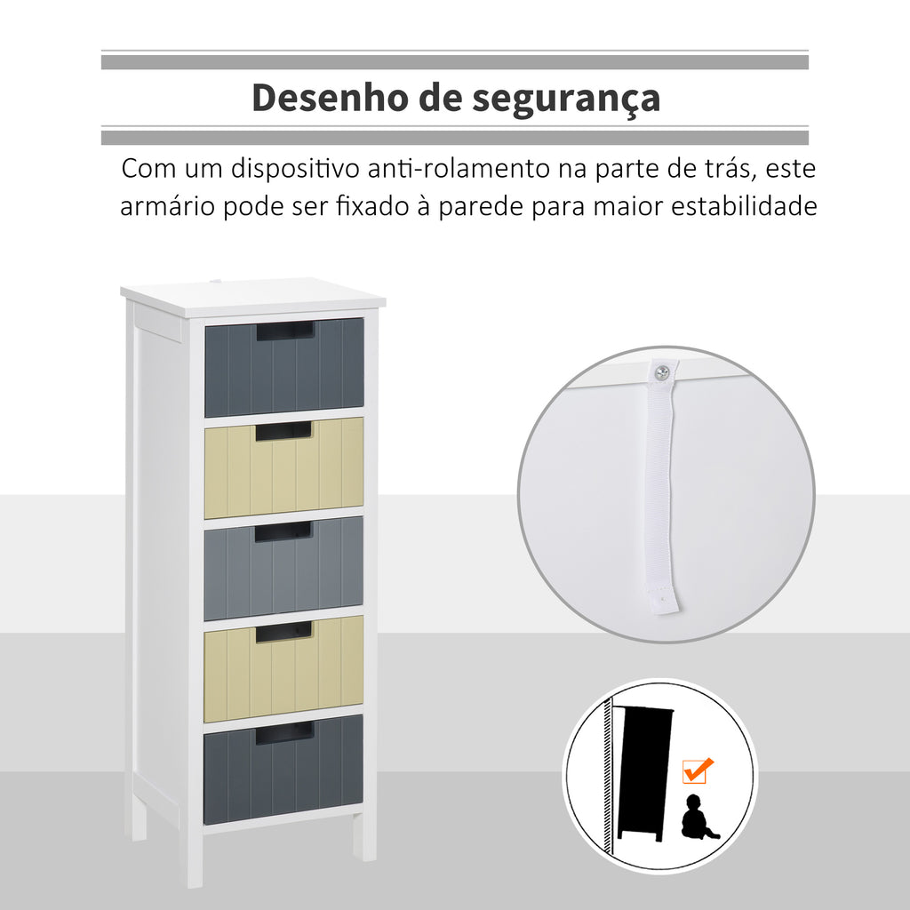 Cómoda de Madeira com 5 Gavetas Cómoda Auxiliar de Armazenamento com Pés Elevados Estilo Moderno para Dormitório Sala de Estar Casa de Banho 35x28x90,5cm Multicor — foto 6