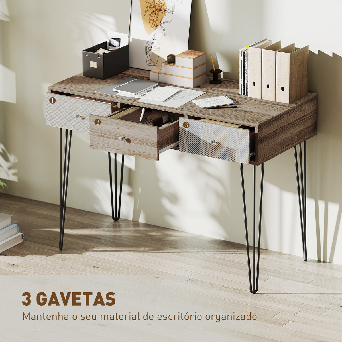 Secretária Estilo Boémio Mesa Secretária com 3 Gavetas e Pés de Ferro para Escritório Dormitório Tocador 105x50x75 cm Madeira — foto 4