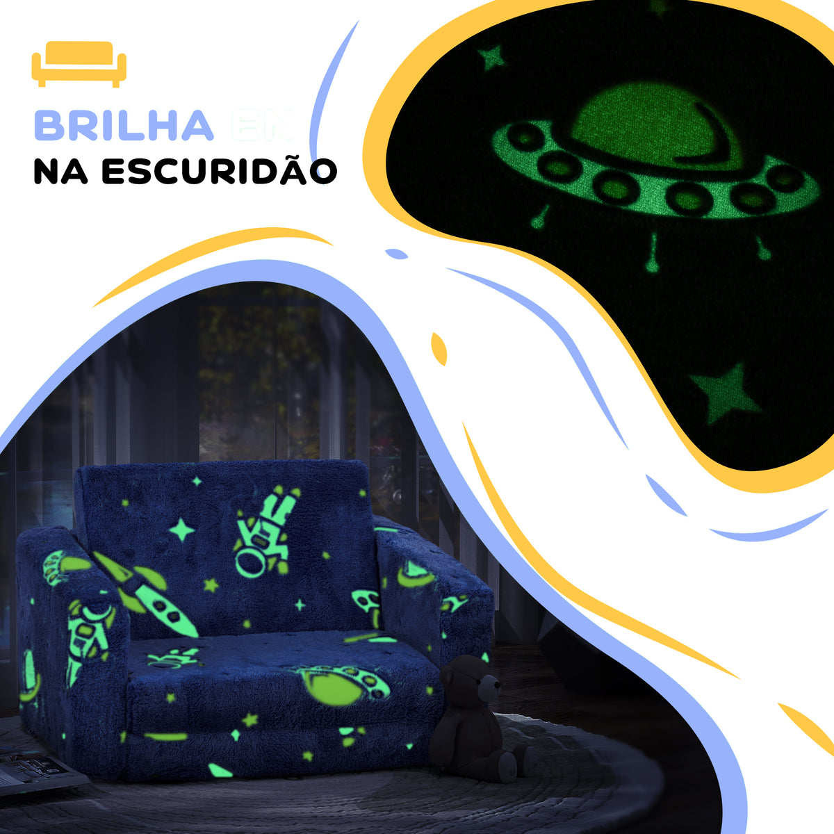 Poltrona para Crianças Dobrável Sofá Infantil Reclinável 2 em 1 Sofá para Crianças Estofado em Tecido Luminoso com Desenho Espacial e Capa Lavável para Dormitório Sala de Estar Azul — foto 4