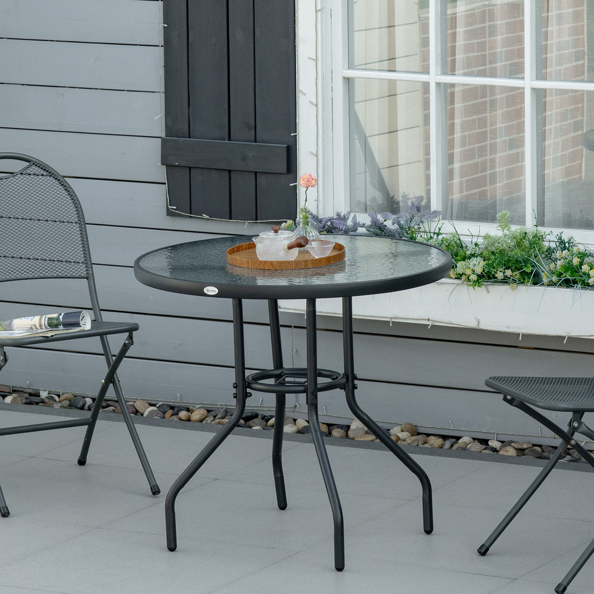 Mesa de Jardim Redonda Mesa de Exterior Ø80x72 cm com Orifício para Chapéu de Sol e Tampo de Vidro Temperado para Pátio Terraço Preto — foto 2