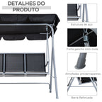 Baloiço Jardim de 3 Lugares com Toldo Ajustável Encosto Respirável e Estrutura de Metal para Terraço Balcão Exterior Carga 200kg 171x108x154cm Preto — foto 6
