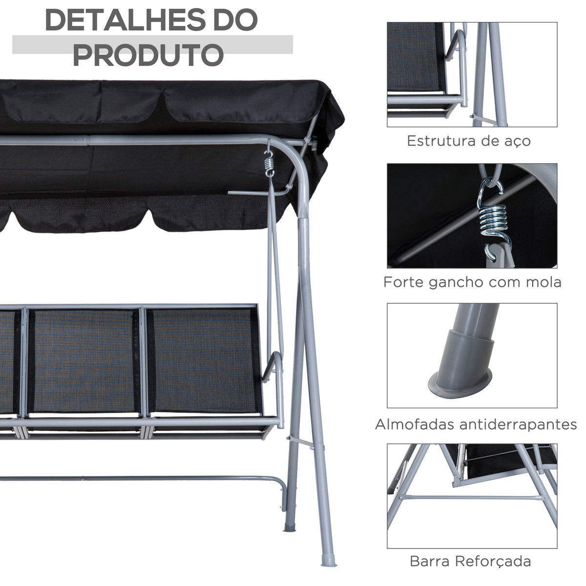Baloiço Jardim de 3 Lugares com Toldo Ajustável Encosto Respirável e Estrutura de Metal para Terraço Balcão Exterior Carga 200kg 171x108x154cm Preto — foto 6