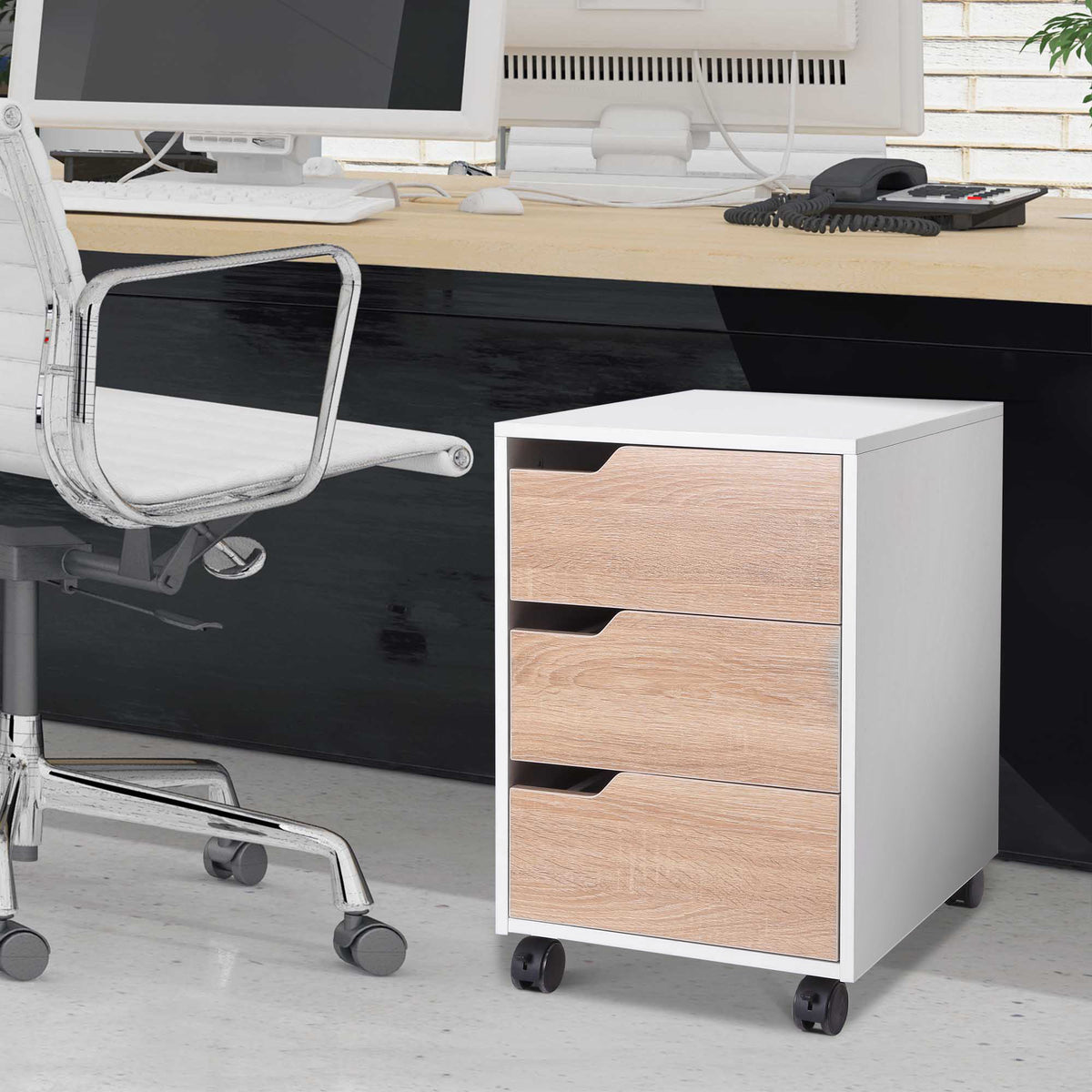 Bloco de Gavetas para Escritório Móvel de Escritório Bloco de Gavetas com 3 Gavetas e 4 Rodas 40x50x57,5 cm Madeira e Branco — foto 2