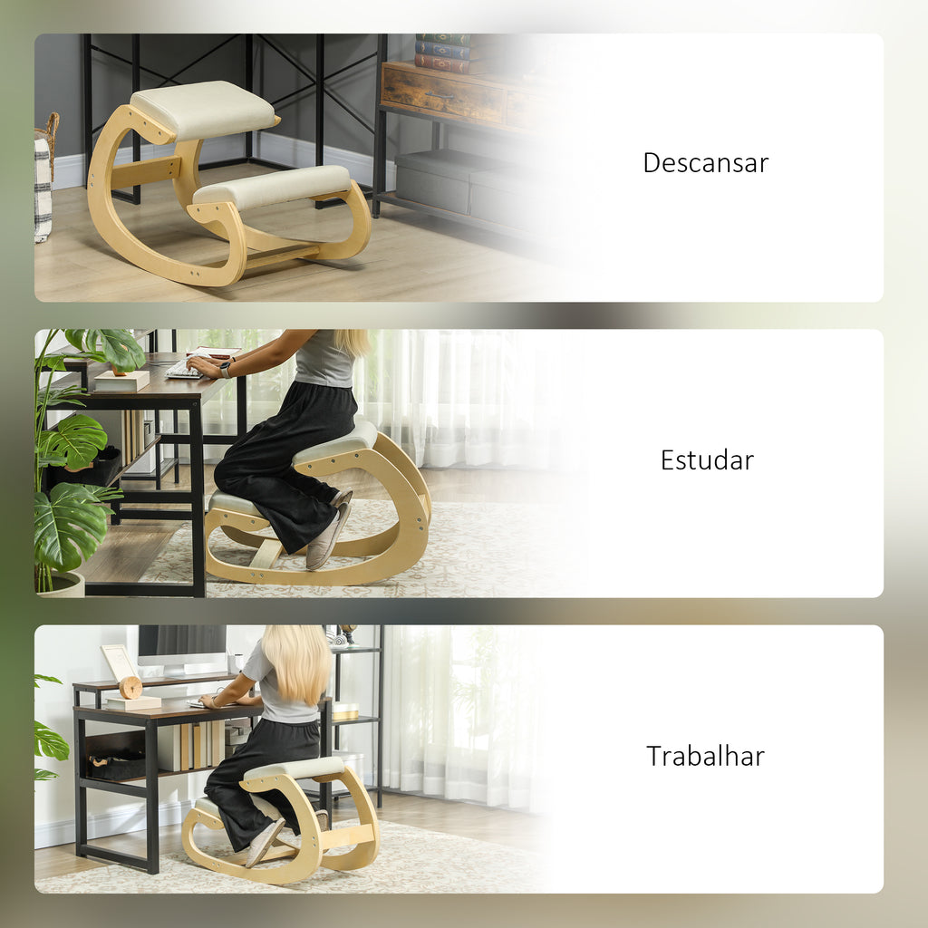 Cadeira Ergonómica de Joelhos com Almofadas Acolchoadas Estrutura de Madeira para Melhor Postura Escritório 55x85x55 cm Creme — foto 7