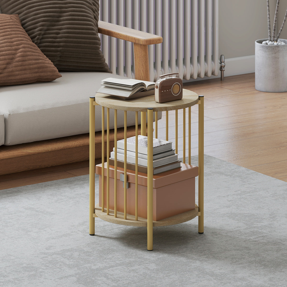 Mesa Lateral Redonda de 2 Níveis Mesa Auxiliar Moderna com Prateleira de Armazenamento e Estrutura de Aço para Sala e Quarto Ø41x49 cm Madeira — foto 2