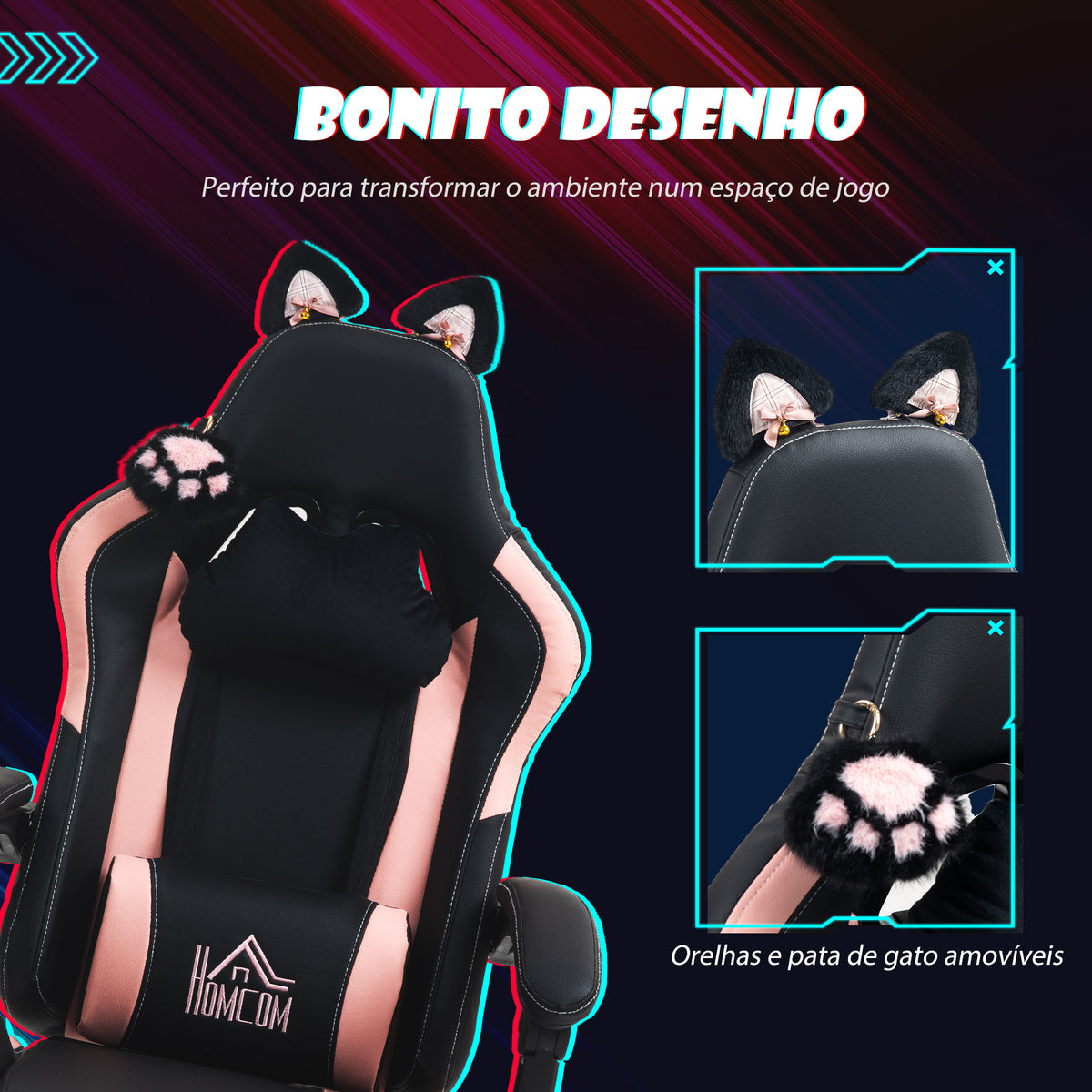 Cadeira Gaming com Orelhas Cadeira Gamer Reclinável com Altura Ajustável Apoio para os Pés Retrátil Suporte Lombar e Apoio para a Cabeça Desmontável Cadeira para Escritório 65x62x116-124 cm Preto — foto 4