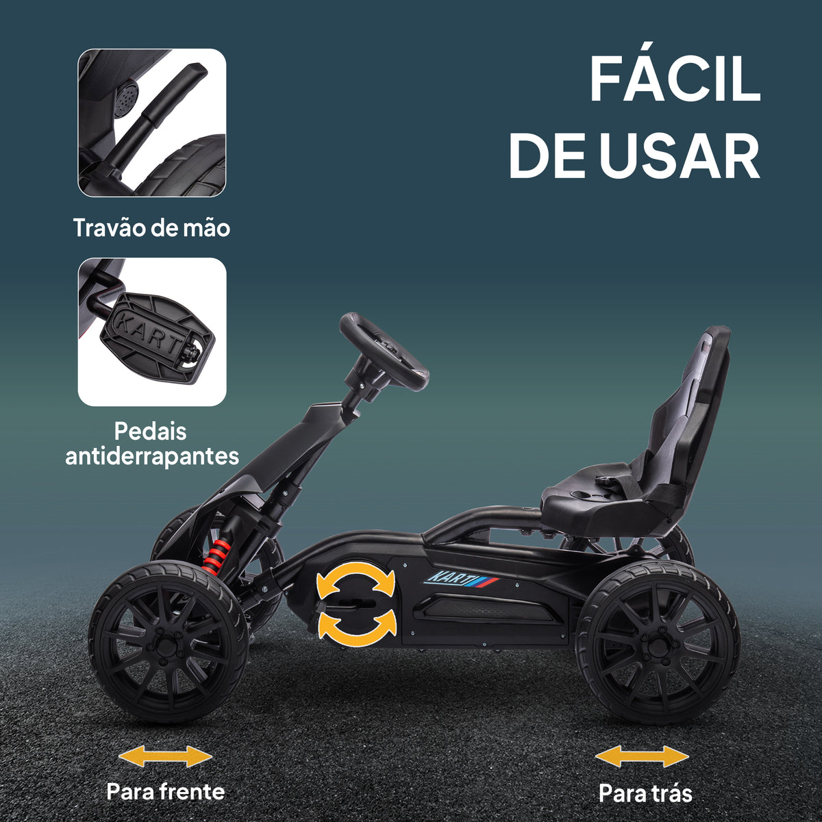 Kart a Pedais Infantil Kart a Pedais para Crianças de 3-8 Anos com Assento Ajustável em 4 Posições, Travão de Mão e Rodas de EVA Carga 30 kg Preto — foto 5