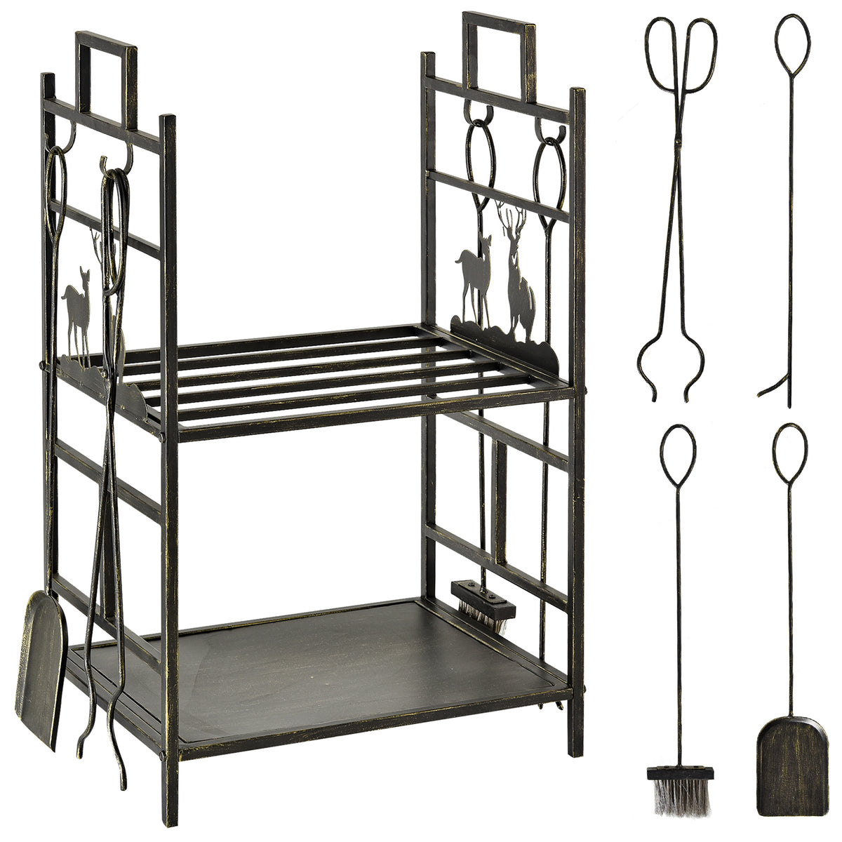 Suporte para Lenha de Ferro Forjado de 2 Níveis com 4 Ferramentas para Interior e Exterior 51,5x33x77 cm Preto e Dourado — foto 1