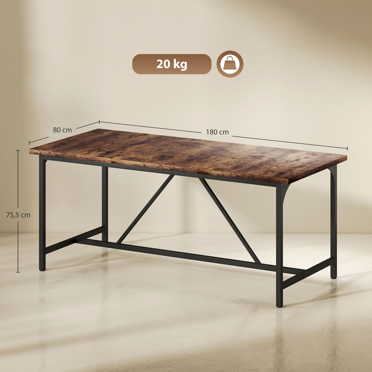 Mesa de Refeição Retangular para 6-8 Pessoas Mesa de Cozinha Industrial com Bancada Grosso e Pés de Metal 180x80x75,5 cm Castanho Rústico — foto 3