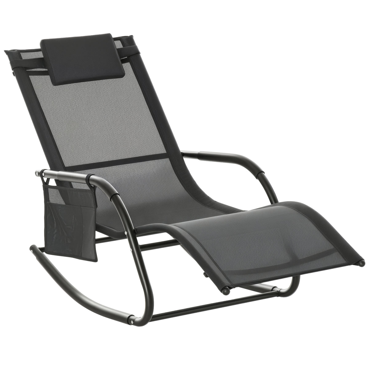 Espreguiçadeira Baloiço de Exterior com Braços Apoio de Cabeça Acolchoado e Bolso Lateral Carga 120 kg para Jardim Terraço Pátio 150x62x88 cm Preto — foto 1