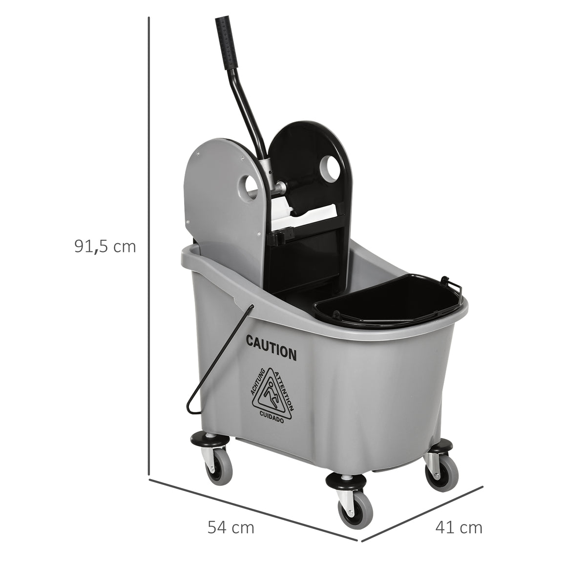 Balde de Esfregona Comercial Balde de Esfregona com Espremedor de Pressão para Baixo Capacidade 36L com 4 Rodas Silenciosas 2 Cubetas Separadas 54x41x91,5 cm Cinza — foto 3