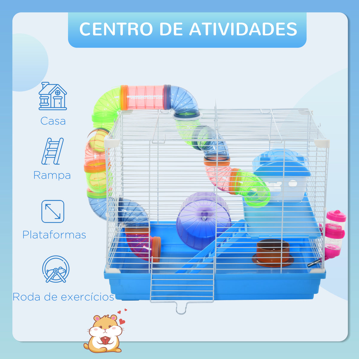 Gaiola para Hamster, Casa para Hamster com Túnel, Comedouro, Bebedouro, Casinha, Rampa, Roda de Exercício, Plataforma e Alça, Bandeja Removível, para Ratos e Gerbos, 46x30x37 cm, Azul — foto 4