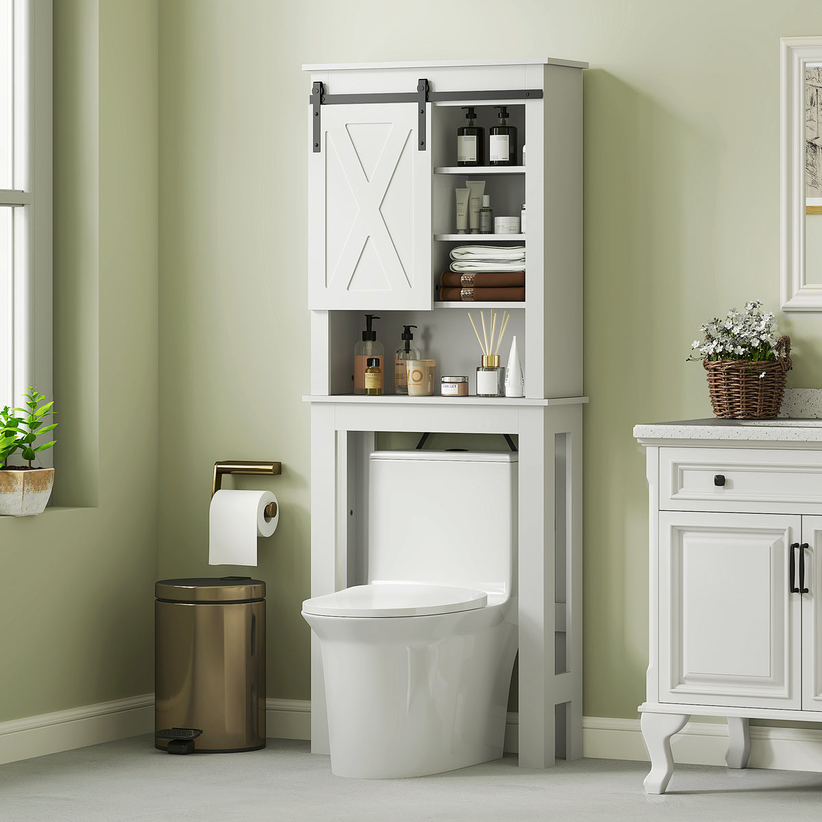 Móvel sobre Sanita Armário sobre Sanita com Porta de Correr Estilo Celeiro e 6 Compartimentos Móvel Casa de Banho Rústico 67x25x172 cm Branco — foto 2