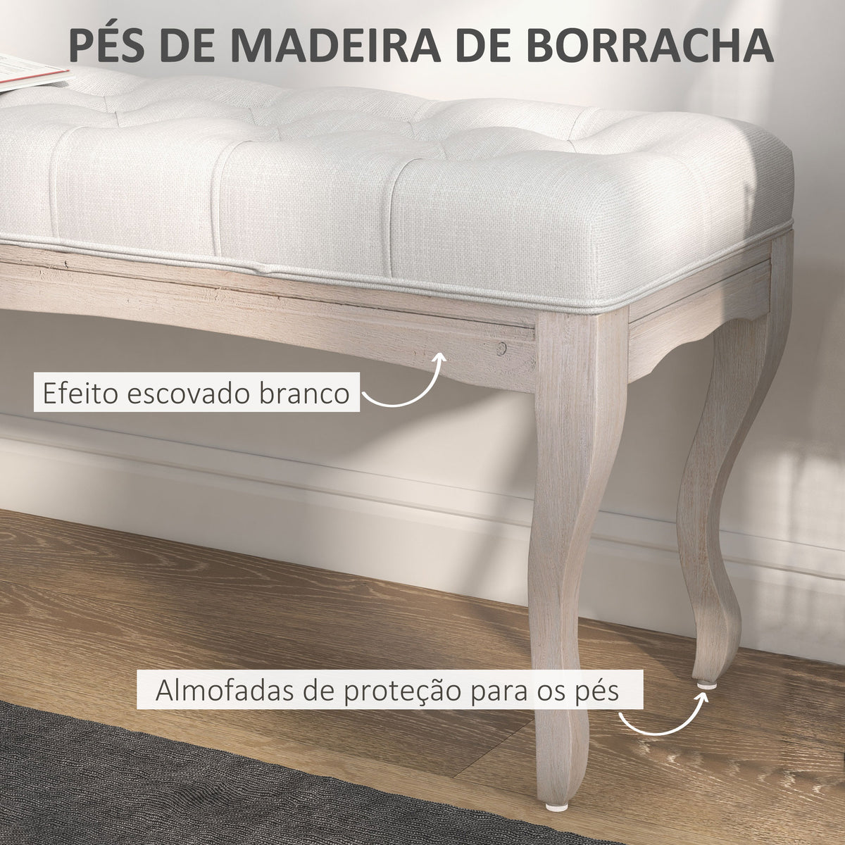 Banco Pé de Cama com Pés de Madeira e Assento Acolchoado Capacidade 120 kg Banco de Estilo Vintage para Dormitório Entrada Corredor 110x37x49 cm Creme — foto 5