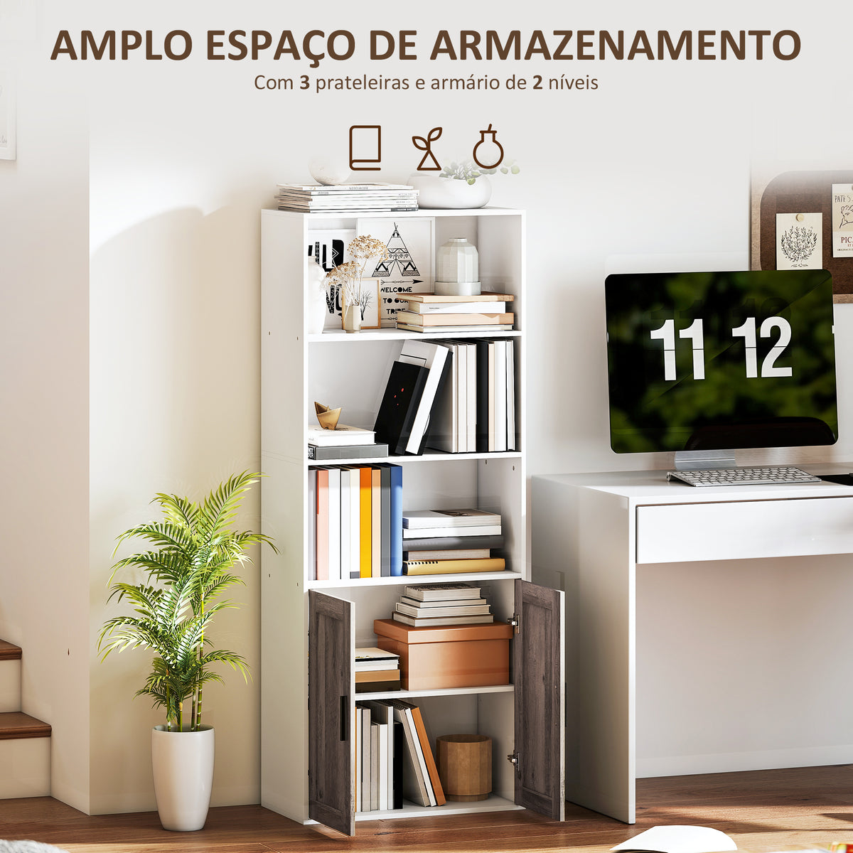 Estante para Livros Estreita Estante com Prateleiras Abertas e Armário com Prateleira Ajustável para Sala Escritório e Estúdio 60x30x149,5 cm Branco e Castanho — foto 4
