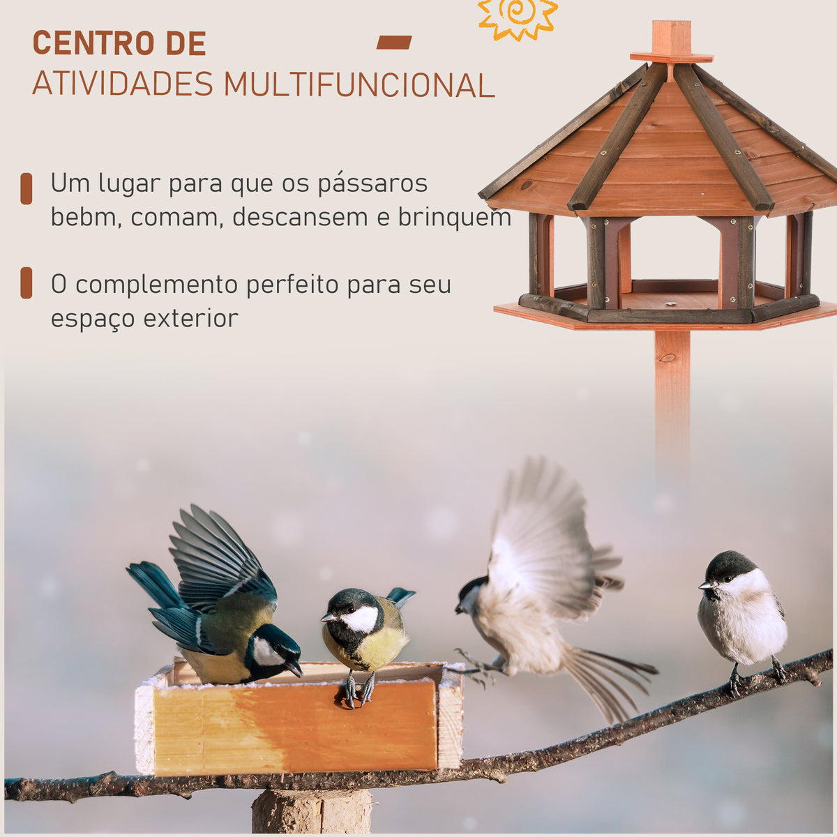 Casa para Pássaros de Pé de Madeira Maciça Ø52x130cm com Teto Comedouro para Aves Silvestres para Exterior Jardim Natural — foto 4
