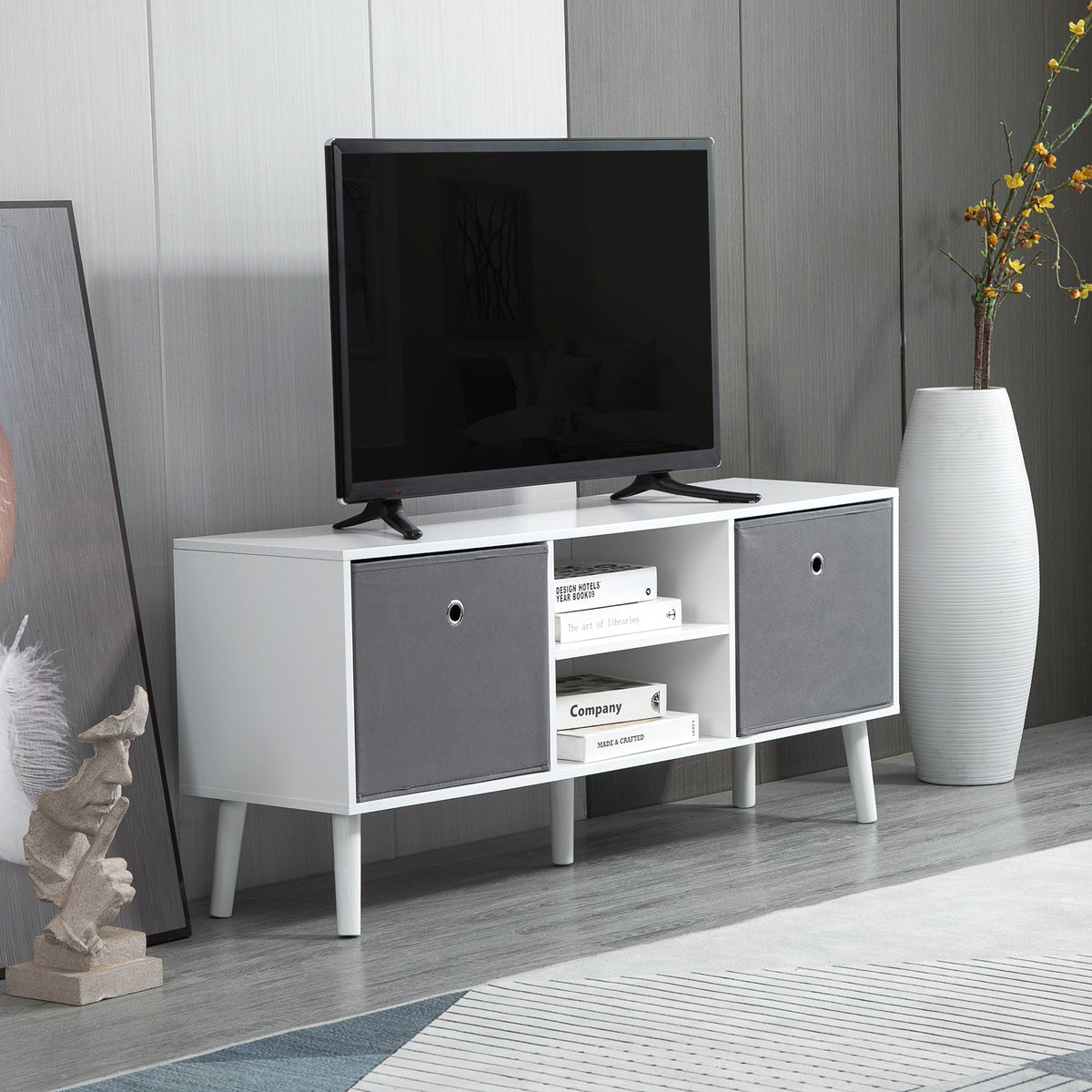 Móvel de TV para Televisores de até 50 Polegadas Móvel de Sala de Estar Moderno com 2 Gavetas de Tecido 2 Prateleiras Abertas e Orifício Passa Cabos 110x29x46,5cm Branco e Cinza — foto 2