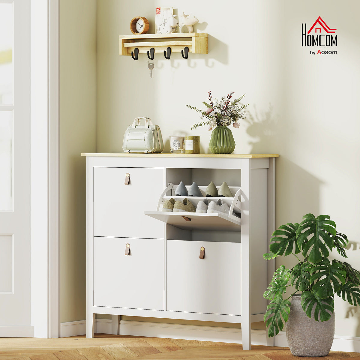 Sapateira Estreita Móvel Sapateira para Entrada com 4 Gavetas Abatíveis Prateleiras Ajustáveis e Puxadores em PU para 20 Pares de Sapatos para Corredor 105x24x95,5 cm Branco — foto 2