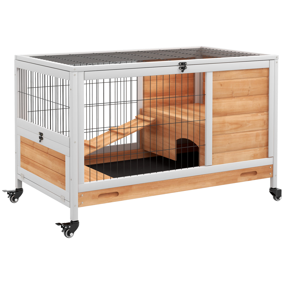 Coelheira de Madeira Gaiola de para Pequenos Animais Portátil com Teto Abatível Rampa Bandeja Removível para Coelhos da Índia 90x53x59 cm Madeira — foto 1