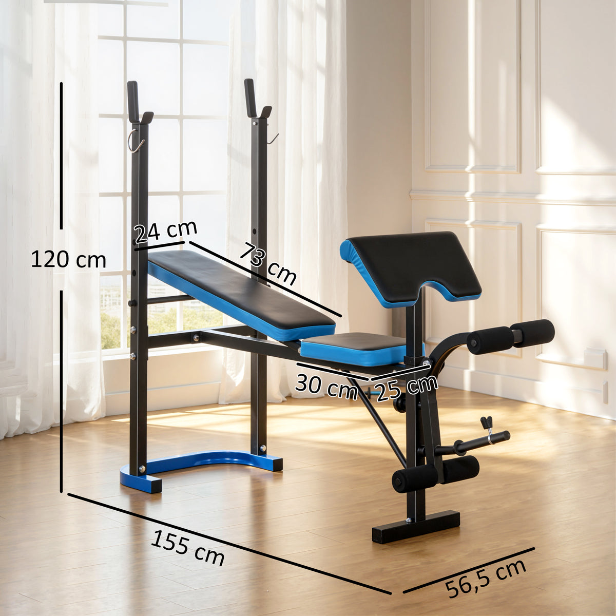 Banco de Musculação Multifuncional Banco de Pesos com Suporte para Barras e Encosto Ajustável para Treino Completo de Corpo em Casa Ginásio 155x56,5x120 cm Preto e Azul — foto 3