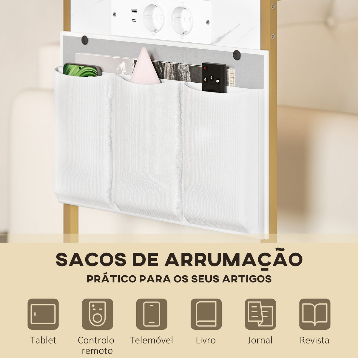 Mesa Auxiliar com Estação de Carga Mesa Lateral com 2 Entradas USB 1 Entrada USB-C e Bolsa Organizadora Mesa Auxiliar para Sala de Estar Dormitório 25,5x40x71 cm Branco — foto 6