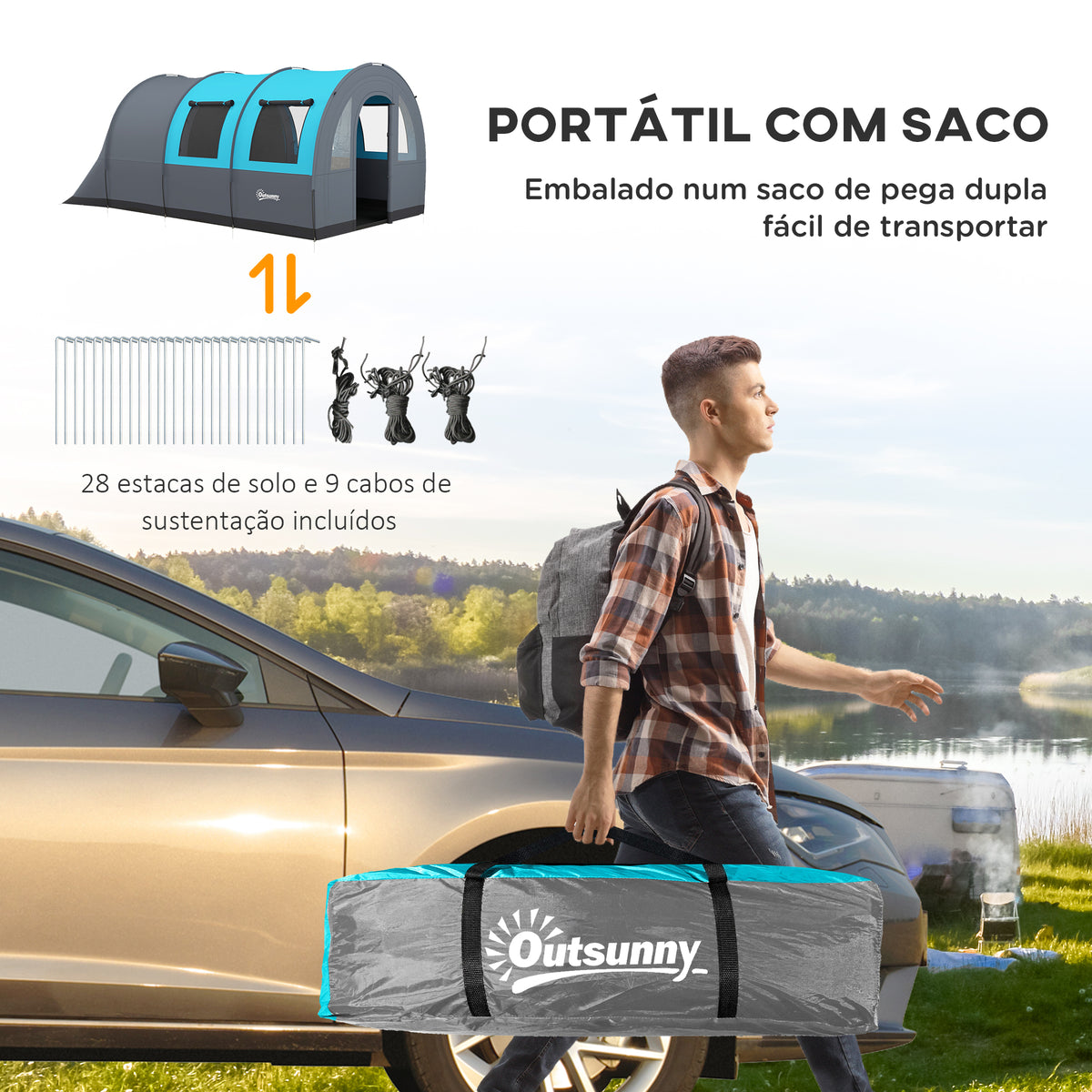 Tenda de Campismo Familiar para 5-6 Pessoas Tenda de Campismo Dobrável com 2 Quartos Portas e Bolsa de Transporte Impermeável 3000 mm para Trekking 480x260x200 cm Cinza — foto 7