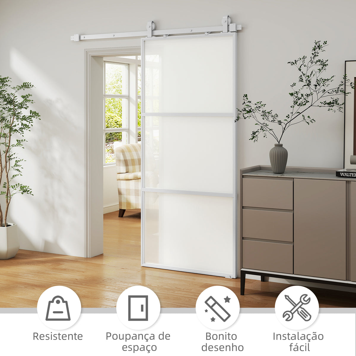 Porta de Correr com Acessórios Porta de Correr de Vidro com Mecanismo de Fecho Suave para Casa de Banho Sala de Estar Cozinha 91,4x203,2 cm Branco — foto 6