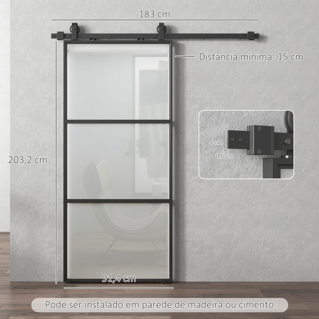 Porta de Correr com Acessórios Porta de Correr de Vidro com Mecanismo de Fecho Suave para Casa de Banho Sala de Estar Cozinha 91,4x203,2 cm Preto — foto 3