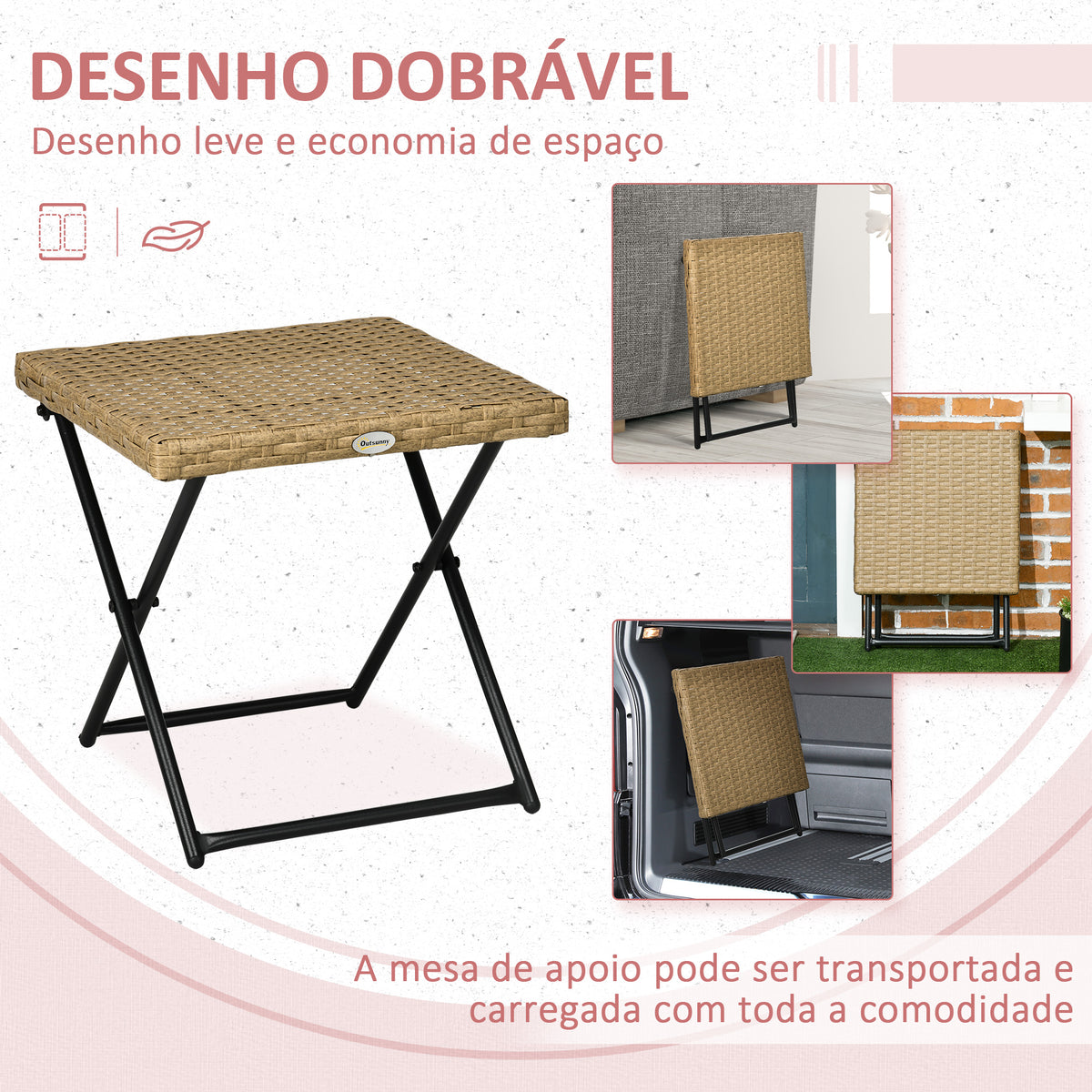 Mesa de Jardim em Vime Sintético Mesa de Terraço Exterior Dobrável com Pés Cruzados e Estrutura de Aço para Pátio Varanda 40x40x40 cm Natural — foto 4