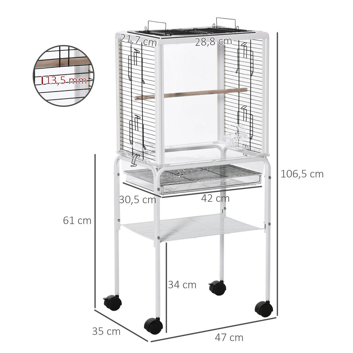 Gaiola para Passáros com Suporte Desmontável Gaiola com 4 Rodas Teto com Abertura 2 Comedouros 2 Poleiros Bandeja Removível 47x35x106,5cm Branco — foto 3