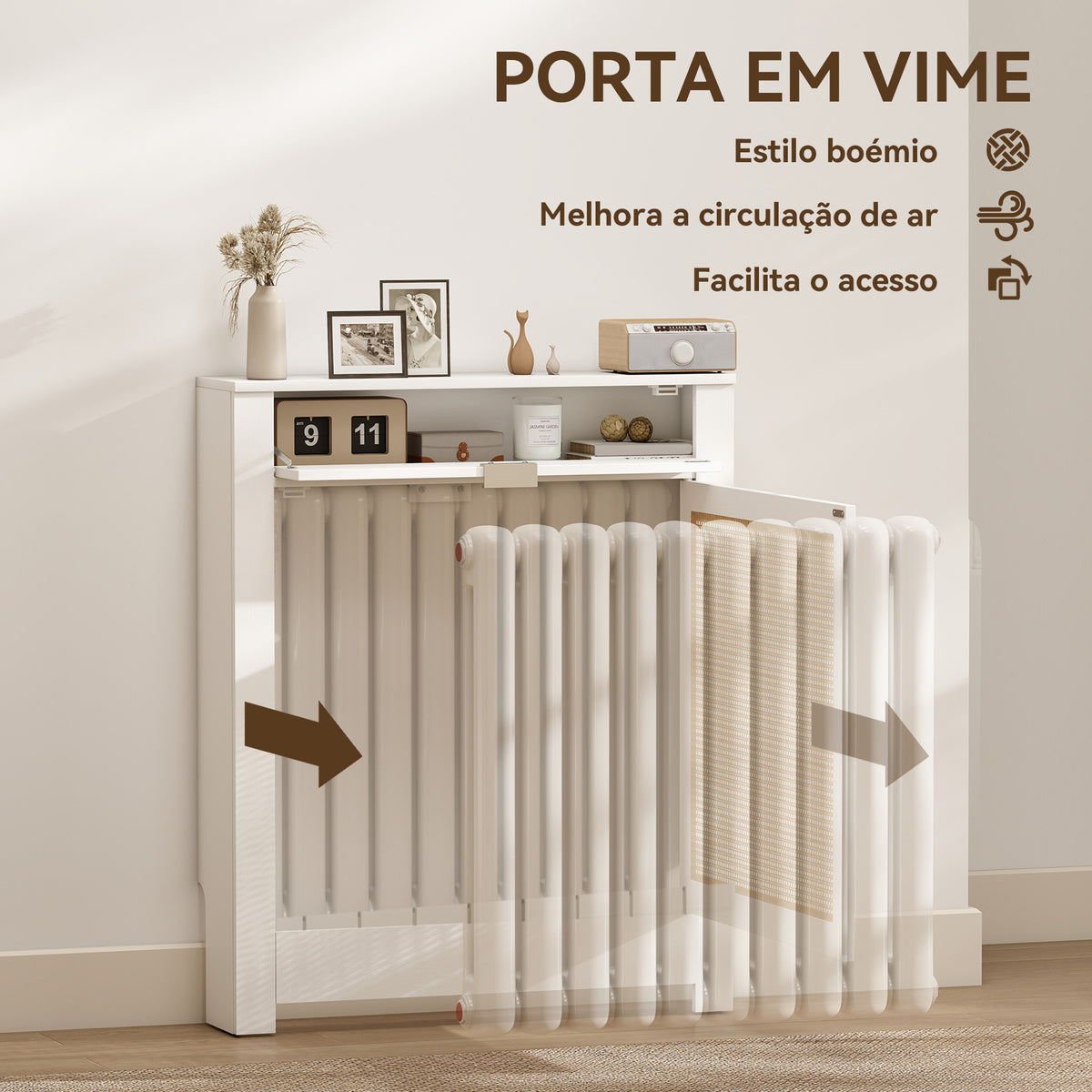 Cobertura para Radiador com Porta Rebatível e Vime Proteção Radiador de MDF 78x19x95,5 cm com Compartimento Desenho Boémio para Sala Quarto Branco — foto 5