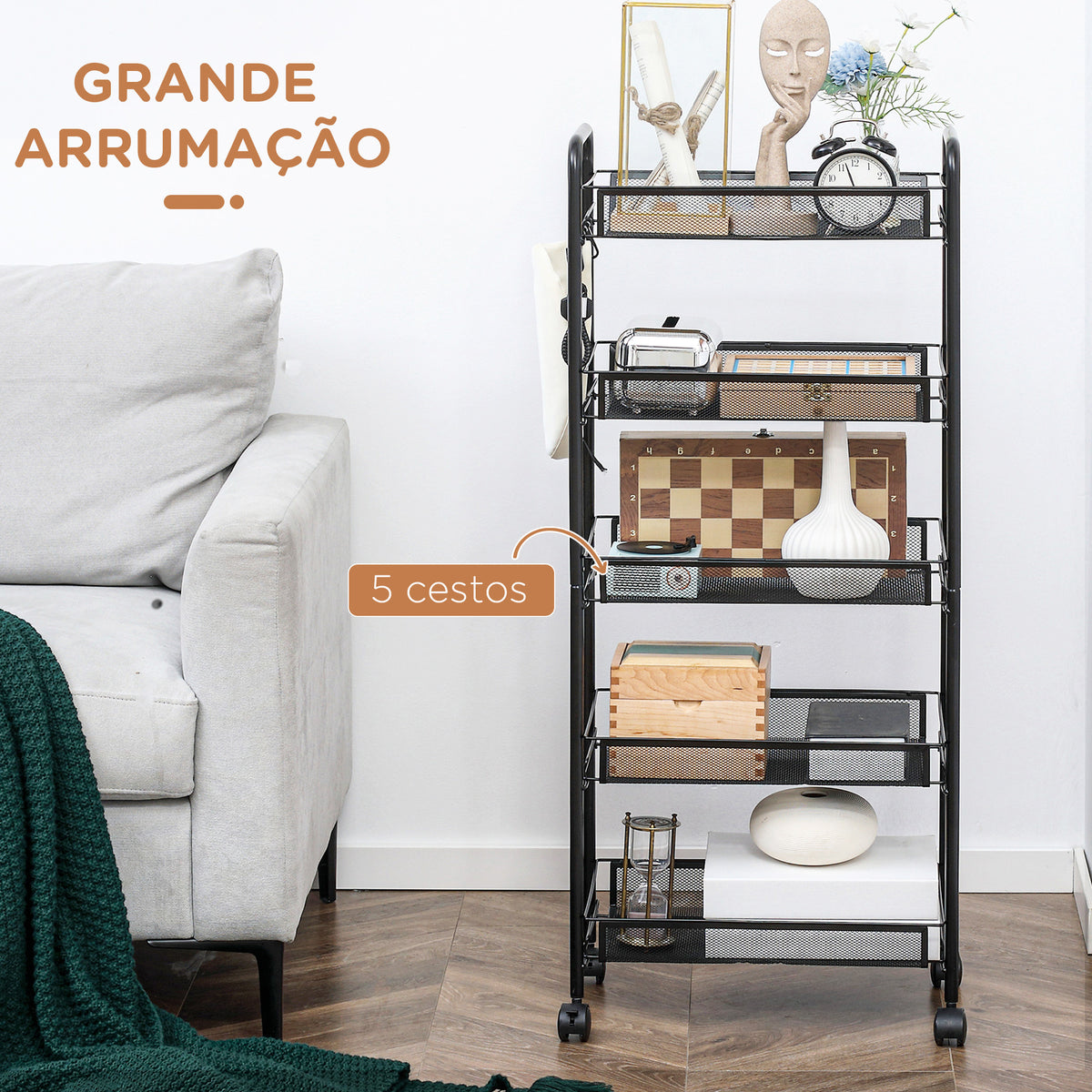 Carrinho Auxiliar com Rodas Carrinho de Cozinha de 5 Níveis com Cestos de Malha Removíveis e Estrutura de Aço para Sala de Estar Casa de Banho Sala de Jantar Escritório 45x26,5x106 cm Preto — foto 4