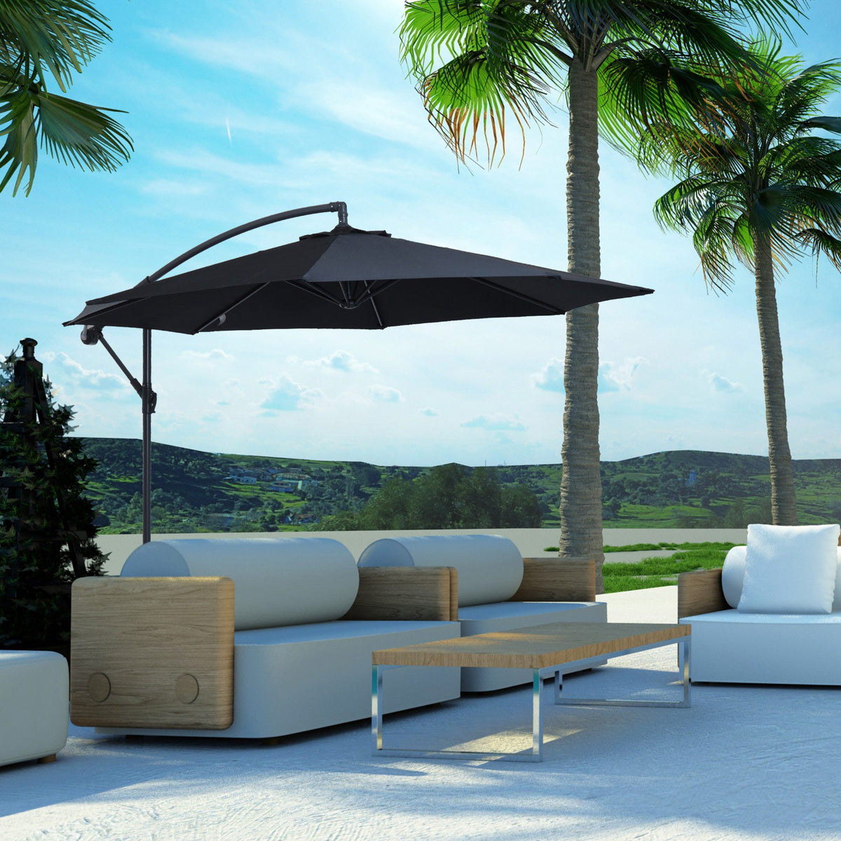 Chapéu de Sol de Jardim Ø300x260cm Chapéu de Sol Excêntrico Inclinável com Manivela Base Cruzada e Suporte de Metal 8 Hastes para Terraço Exterior Balcão Preto — foto 2