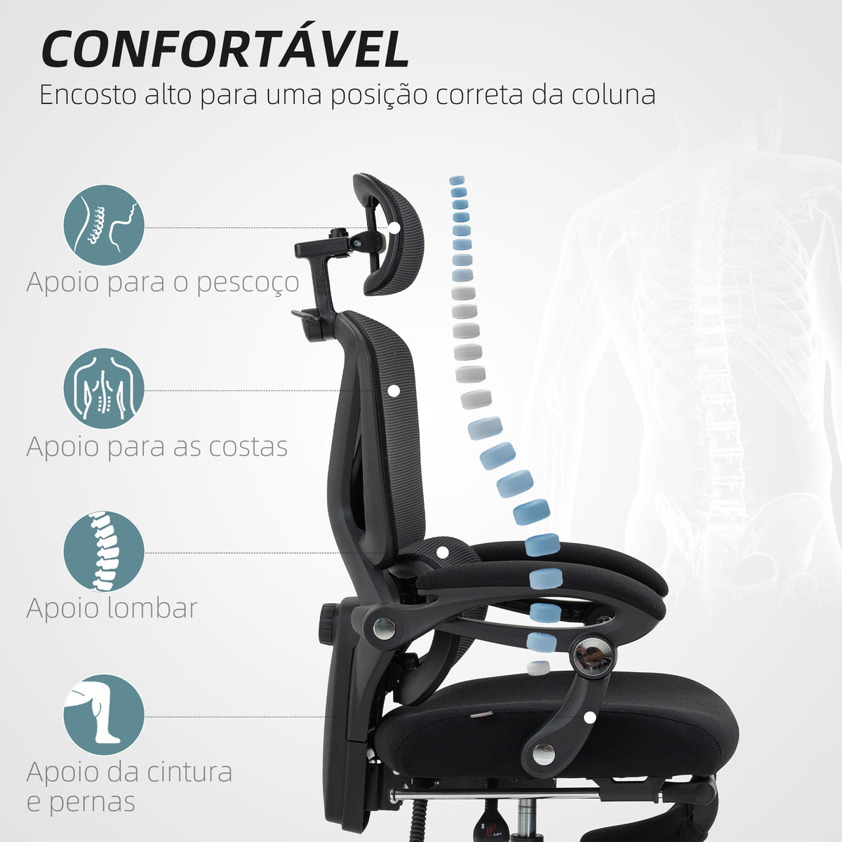Cadeira de Escritório de Malha Cadeira de Secretária Reclinável com Apoio para a Cabeça Suporte Lombar Apoio para os Pés e Altura Regulável Função de Inclinação Suporta até 135 kg 71x70x109-119 cm Preto — foto 4