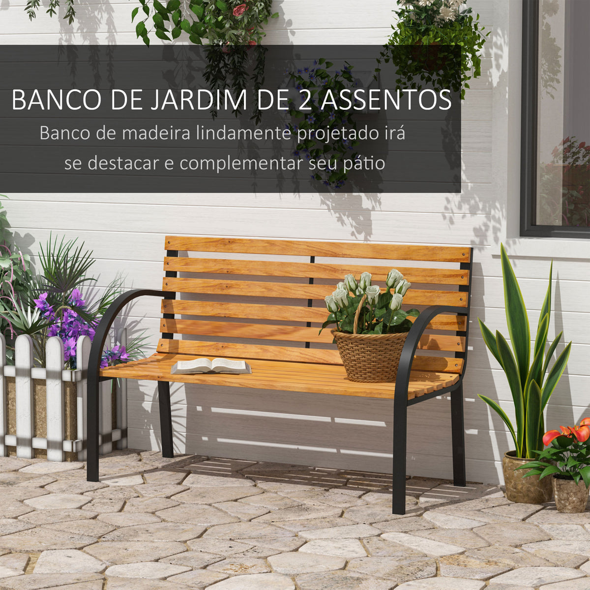 Banco de jardim 2 lugares com encosto e apoios de braços Ripas de madeira e estrutura de aço Carga 230 kg 122x60x80 cm Cor natural e preto — foto 5
